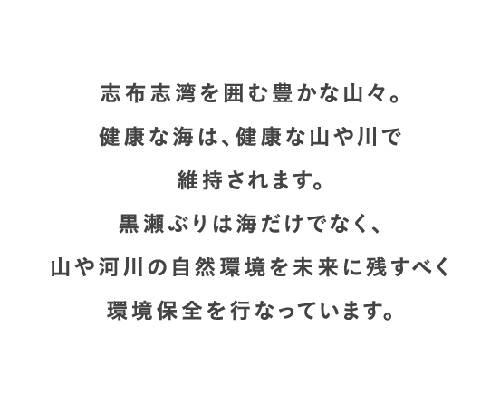 志布志湾を囲む豊かな山々。健康な海は、健康な山や川で維持されます。黒瀬ぶりは海だけでなく、山や河川の自然環境を未来に残すべく環境保全を行なっています。